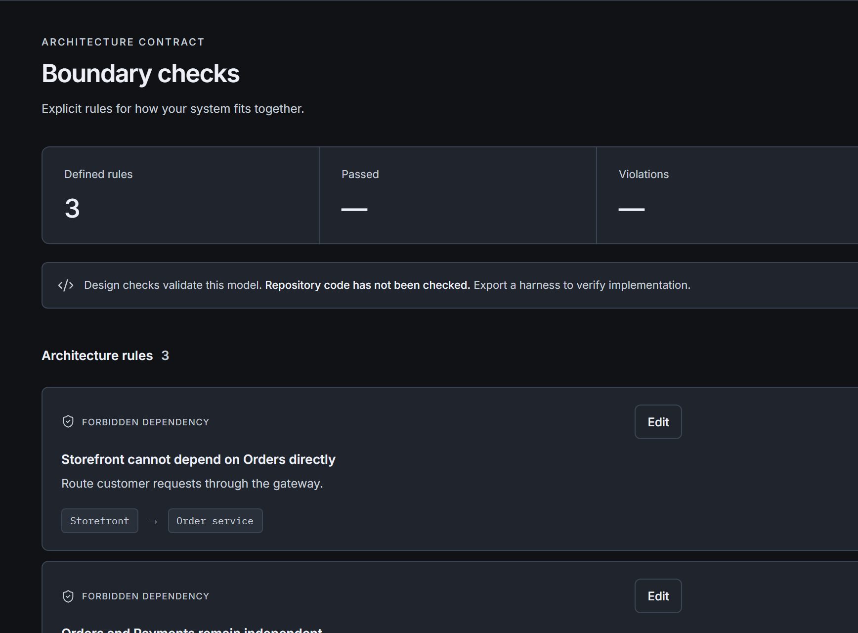 Boundary checks view listing forbidden dependency rules between storefront, order and payment services.