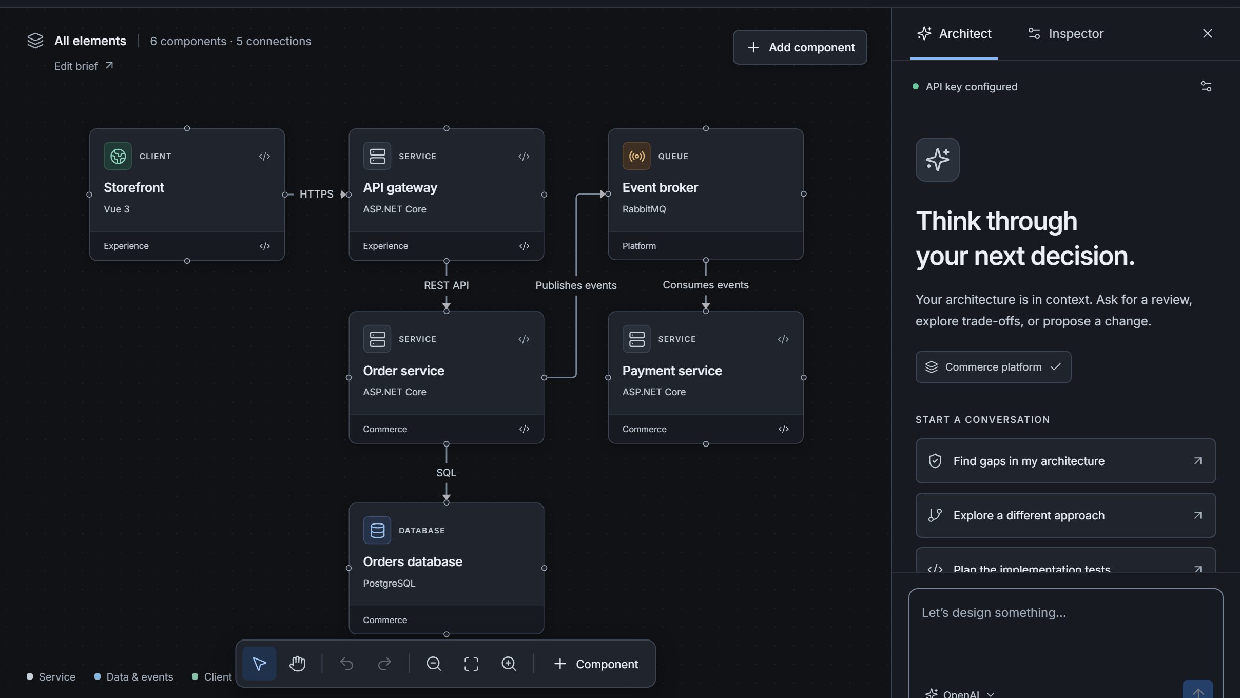 Commerce architecture canvas for reviewing and applying AI diagram edits.