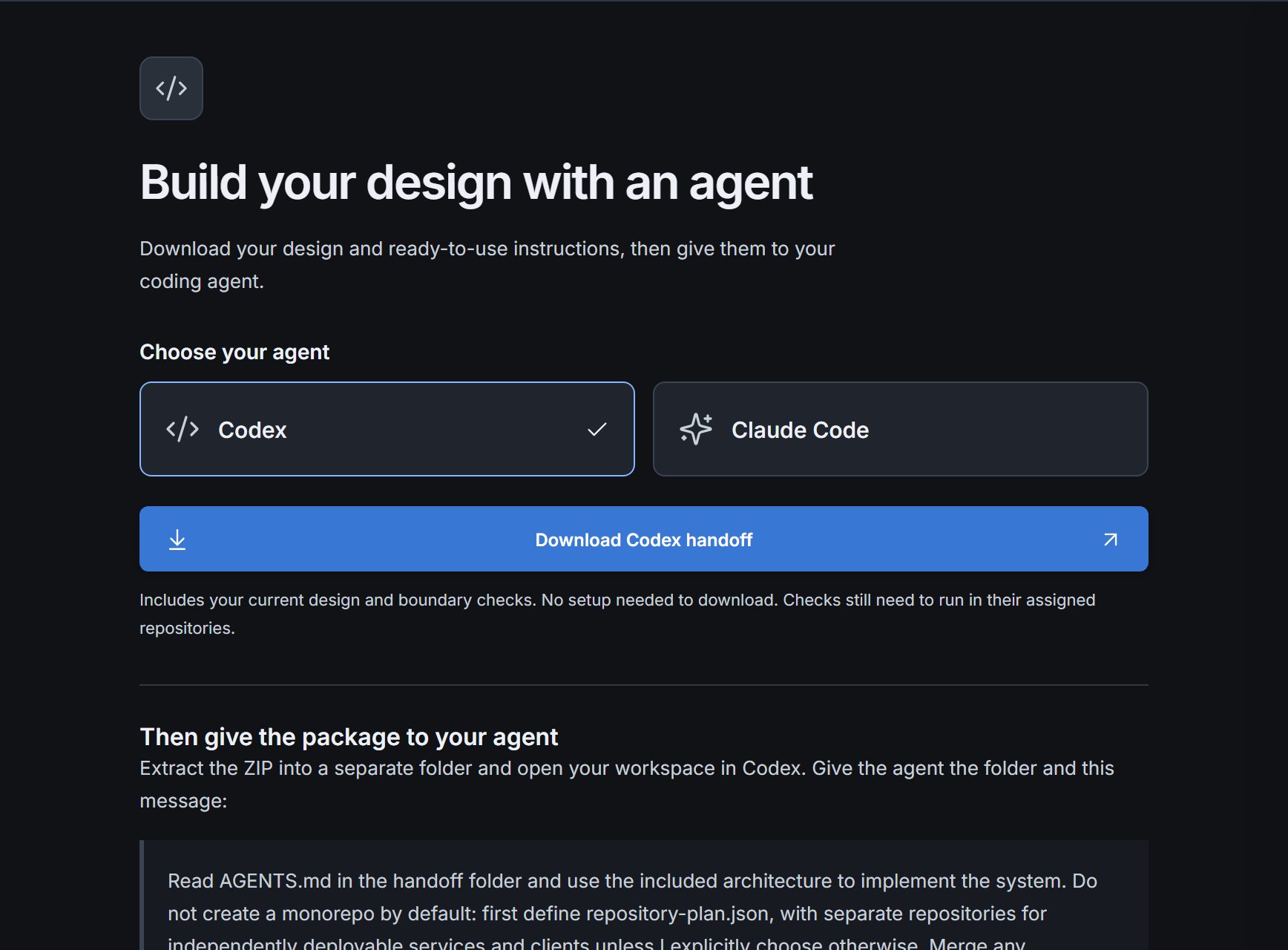 Agent handoff view with Codex and Claude Code options and a download button.